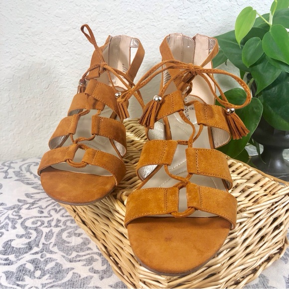 Bandolino Tan Suede Lace Up Wedge Sandal - Picture 6 of 16